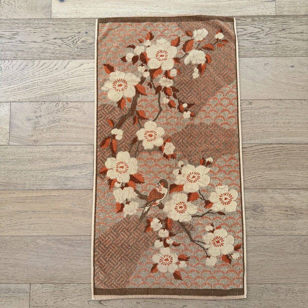 Vintage MCM Japandi Floral Bird Bath Towel Utica Fine Arts JP Stevens